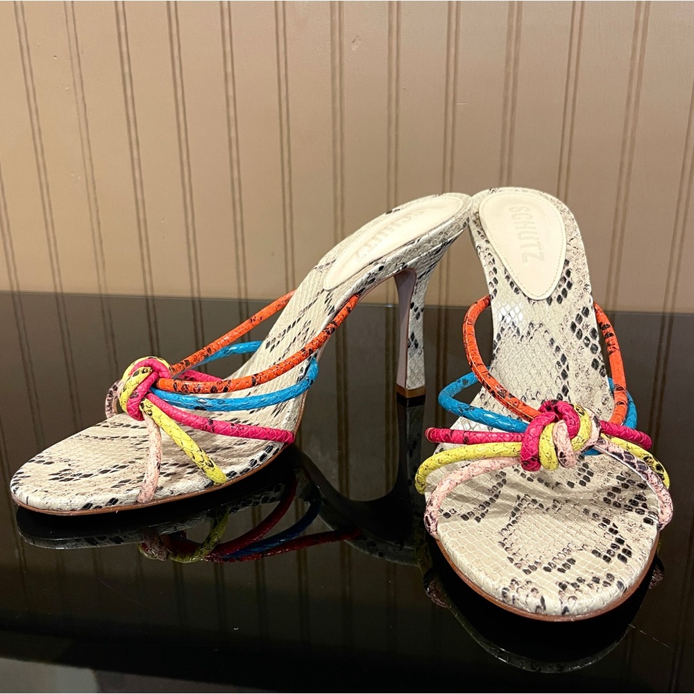 Schutz Rina Sandal Snake Effect Leather Multicolor Strappy High Heel Mules